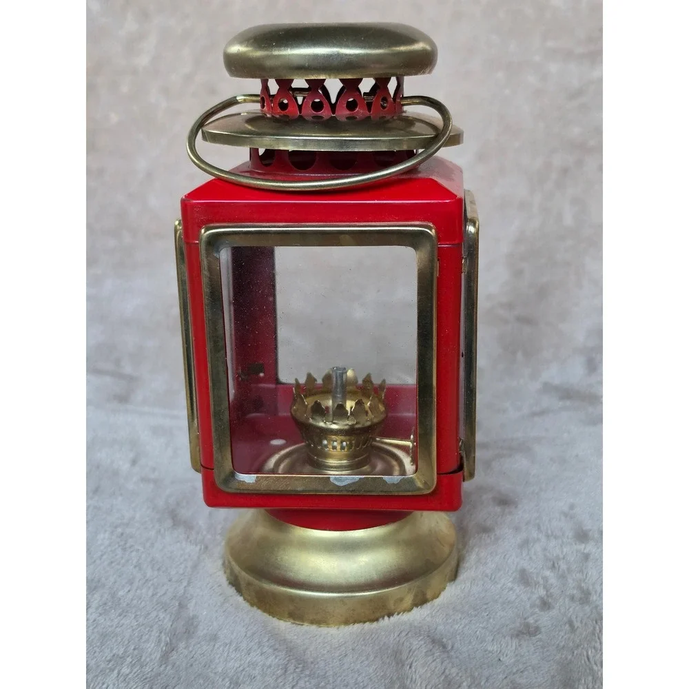 Vintage Red Metal and Brass Miniature Oil Lantern Glass Hurricane Lamp 7.5 inch